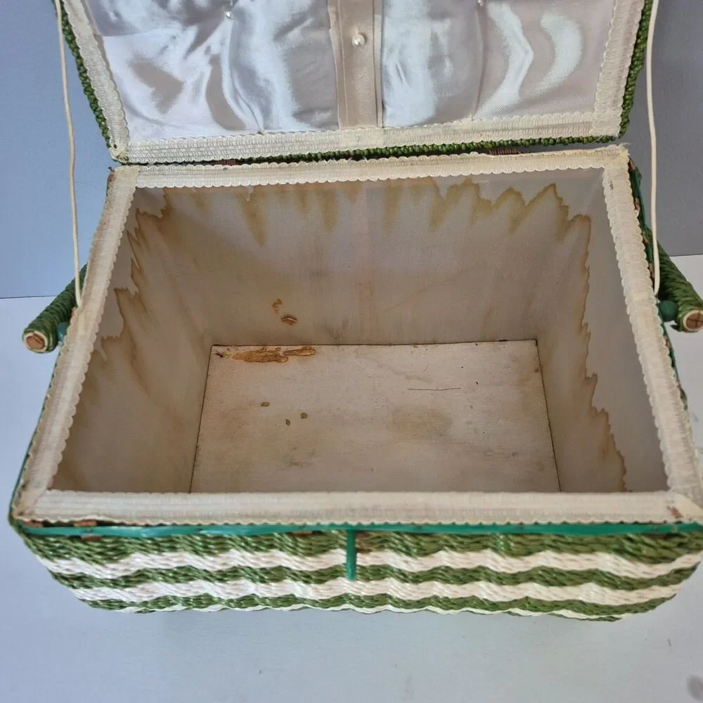 JCPenney VTG Green White Wicker Divider Sewing Box Caddy w/ Handle Accessories